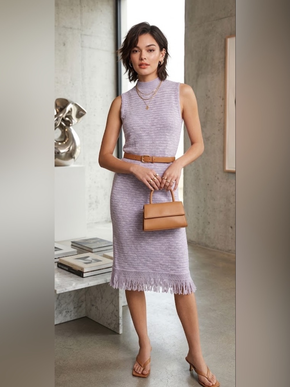 Anthropologie Callahan tuckernuck knit Lavender Fringe Dress nwt $168 fitted cos